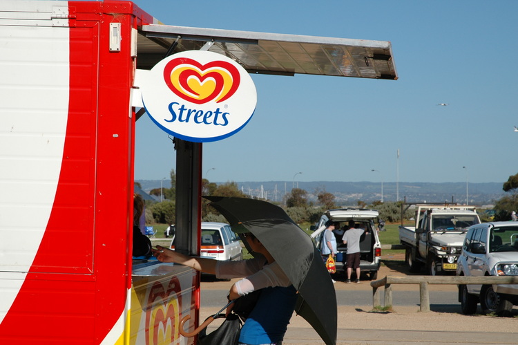 A brightly coloured ice cream vendor's trailer