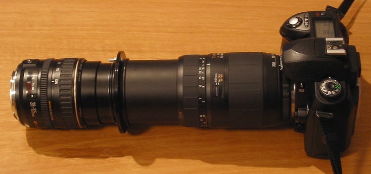 Two lenses joined front-to-front with filter adapters