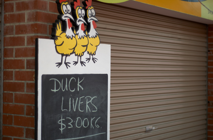 Sign reading 'Duck Livers'