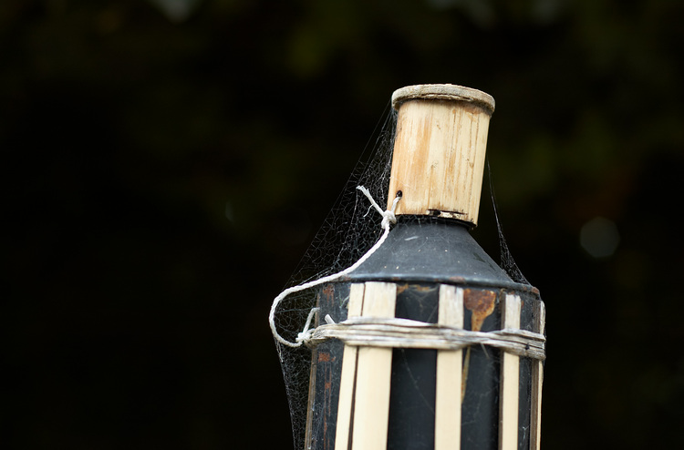 Fine spider webs on an outdoor oil lamp