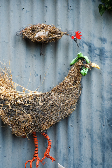 Sculptures of chooks made from chicken wire