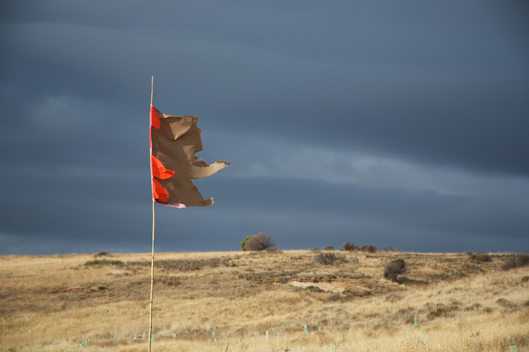 Red paper flag against a stormy sky