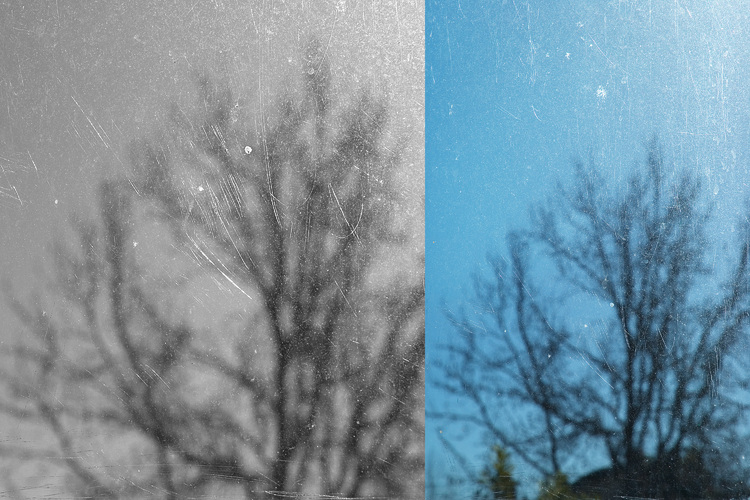 Two views out the same scratched window