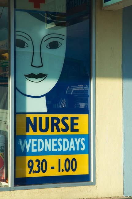 Sign reading 'Nurse, Wednesdays, 9.30 - 1.00'
