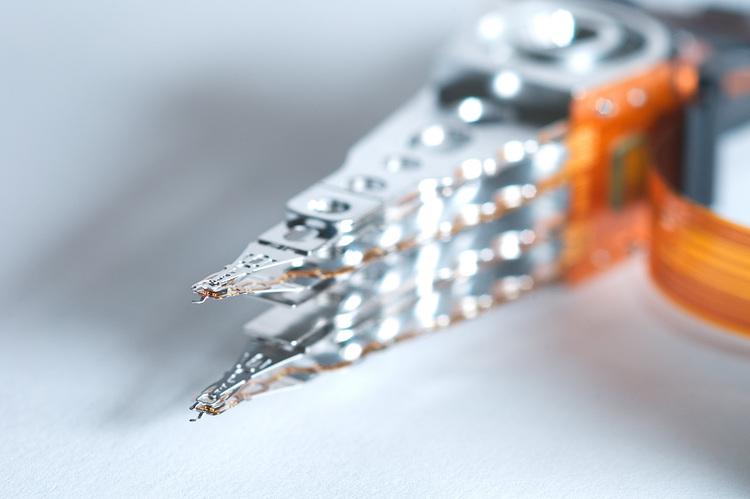 Closeup of the read/write head of a hard disk