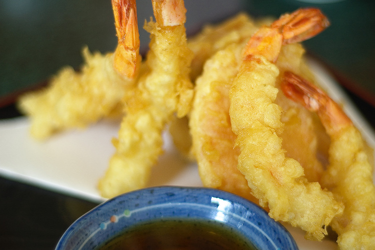 Closeup of tempura prawns