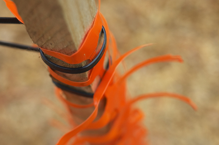 Orange safety netting tied to a post with black nylon ties