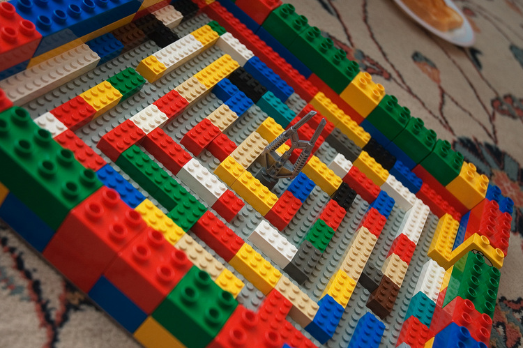 Closeup of a small maze made from lego