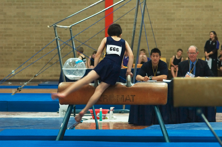 Michael on the pommel horse at a gymnastics competition