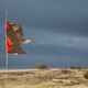 Red paper flag against a stormy sky